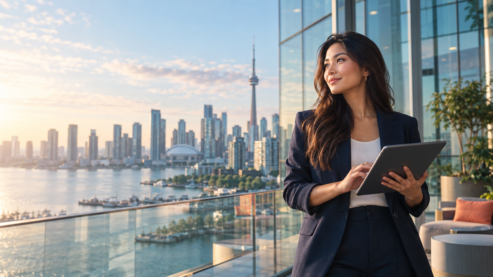 Financial professional overlooking the Toronto waterfront with a tablet