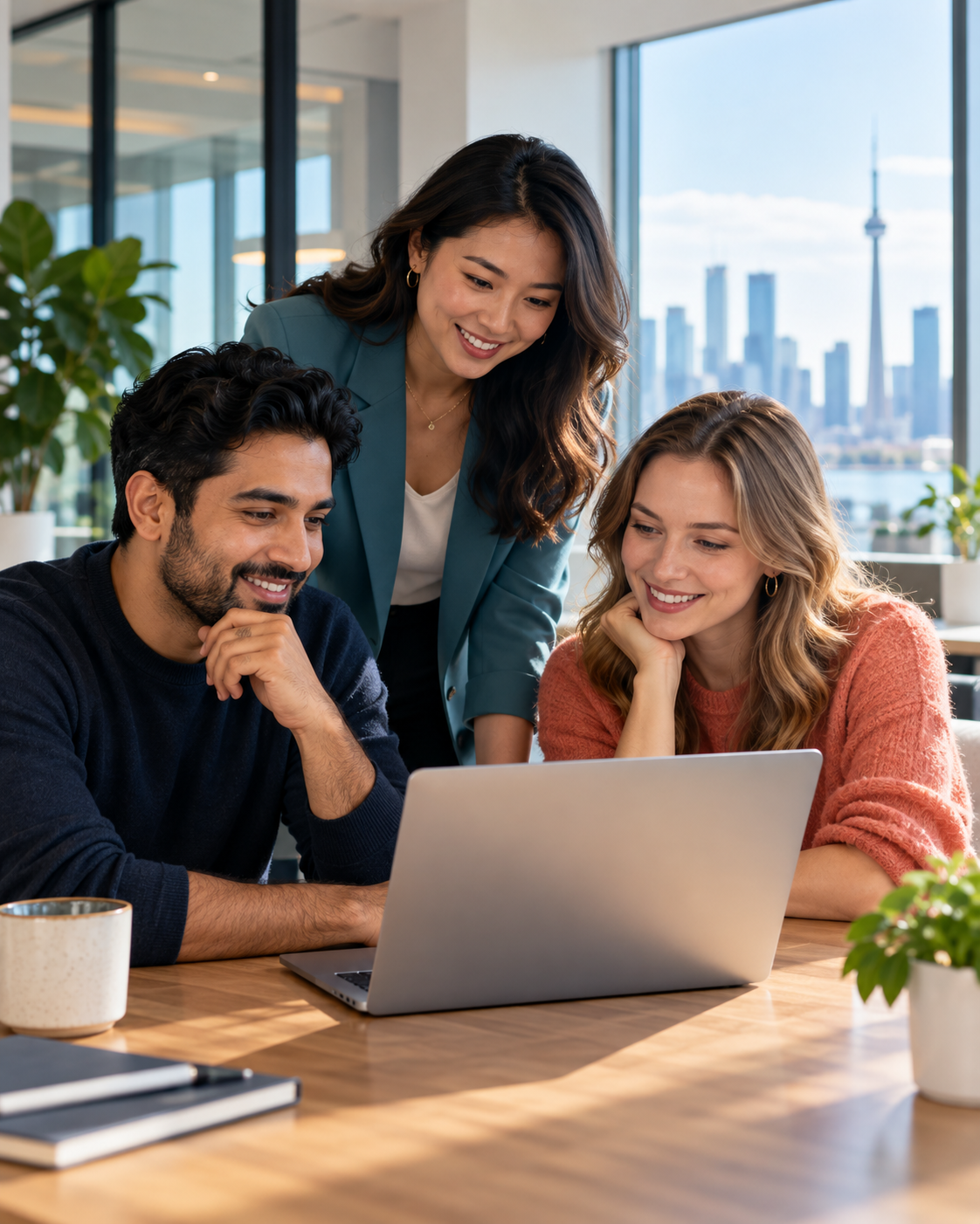 Three professionals reviewing finances together in a bright Toronto office